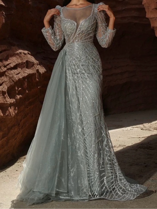 Dresses & Skirts - Stunning Mint Green Long Sleeve Evening Gown
